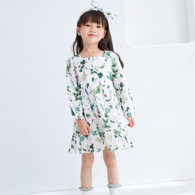 女童梭织长袖连衣裙,春意园丁
